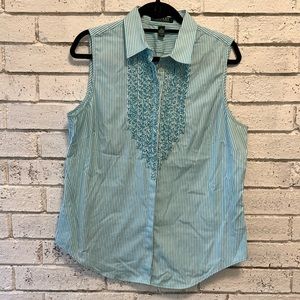 Ralph Lauren Turquoise Stripe Oxford Button Up Sleeveless Top with Ruffle Detail